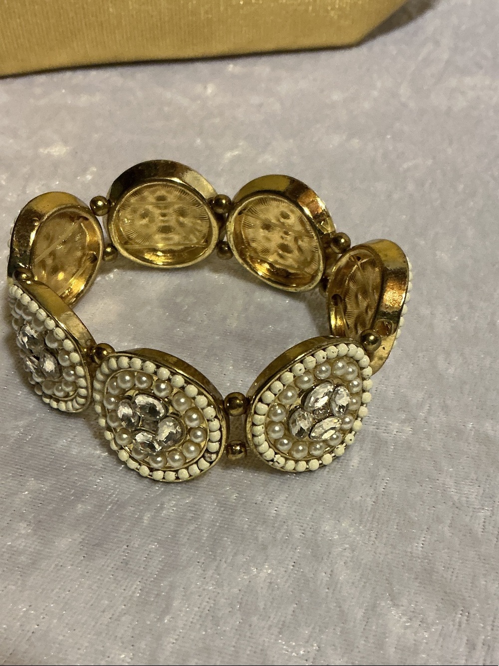 Gold and White Beaded Crystal Stretch Bracelet